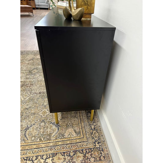 Aram Sideboard Buffet Console 63"Wide 4 Door Fluted MCM Style BLACK Gold Metal Legs