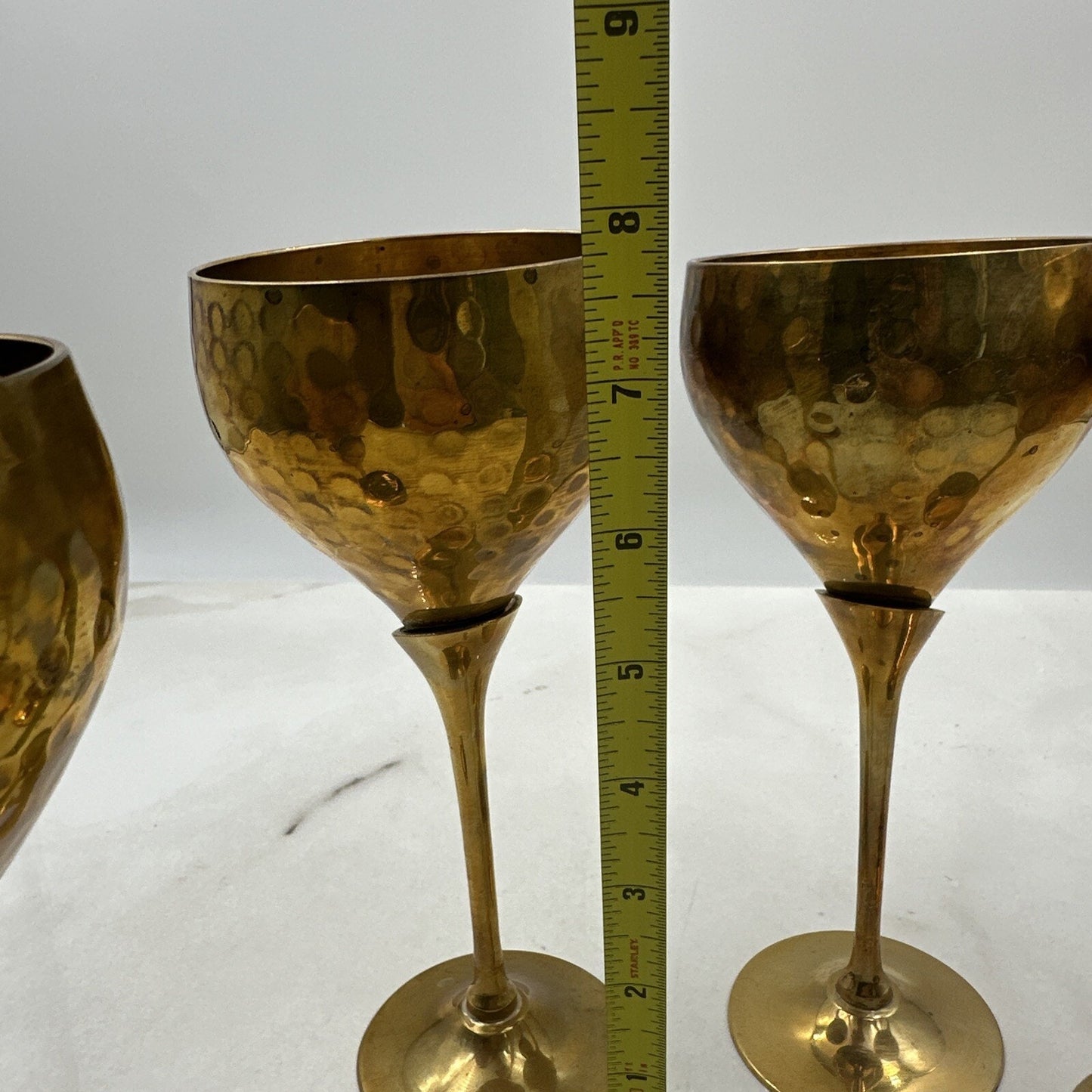 Vtg Brass Wine Glasses Goblet Bar Drink Chalice 7" Hammered Texture Tulip Stem 4