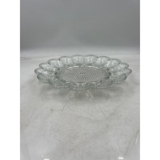 VTG Clear Glass Egg Plate Tray Holder 12 Eggs Center Serving Dish Scalloped Edge