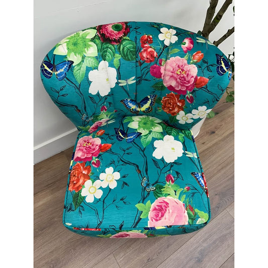 Amata Side Chair-Blue Floral Butterflies Anthro Style Gold Legs Vanity Chair Scalloped New Karat