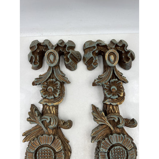 VTG Ornate Resin Wall Appliques Acanthus Floral Ribbon Rococo Green Gold French