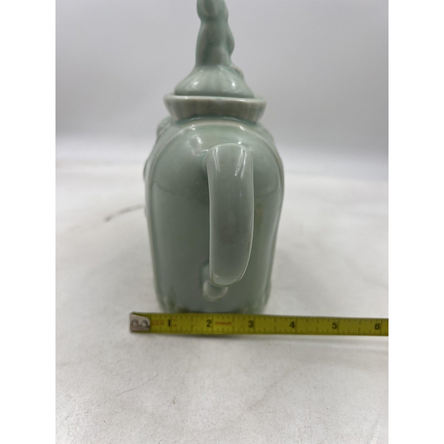 Celadon Porcelain Elephant Teapot Figural Lidded Pot Chinese Mark Relief Glaze