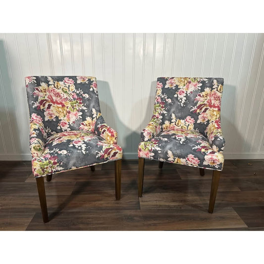 Grandin Road Armchairs Floral Fabric Covered Dining Kitchen Gray Set of 2