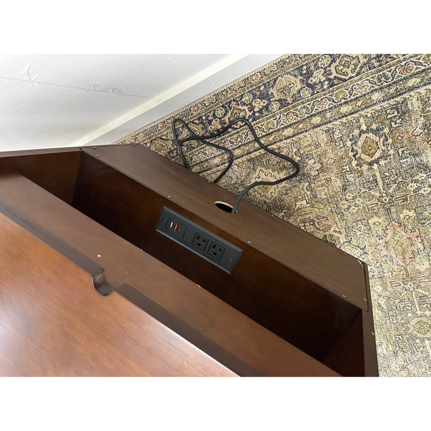 Valentin 2 - Drawer Nightstand Built-In Outlets Dark Wood MCM Style