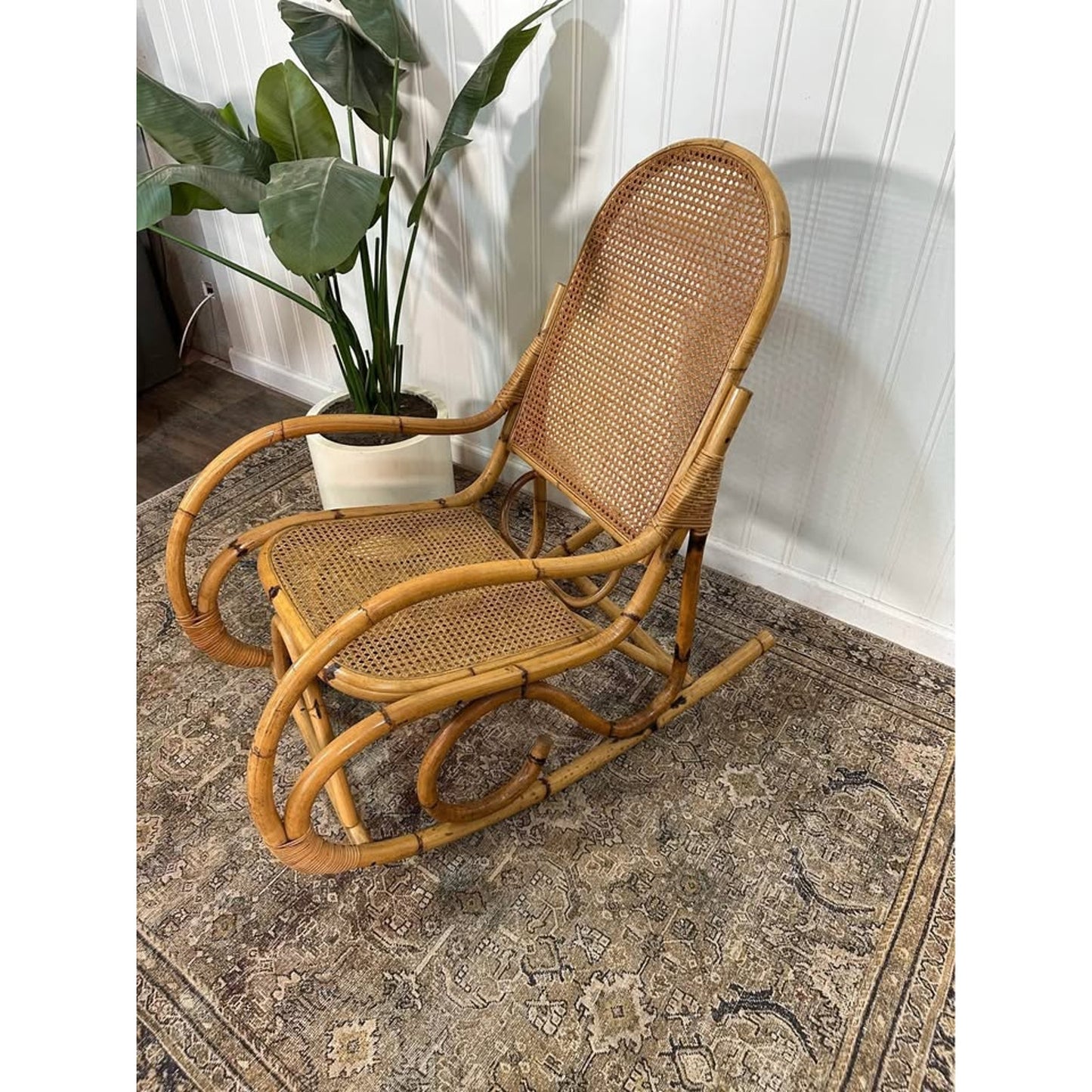 Vintage Thonet Style Large Tortoise Bamboo Bentwood Cane Rattan Rocking Arm Chair