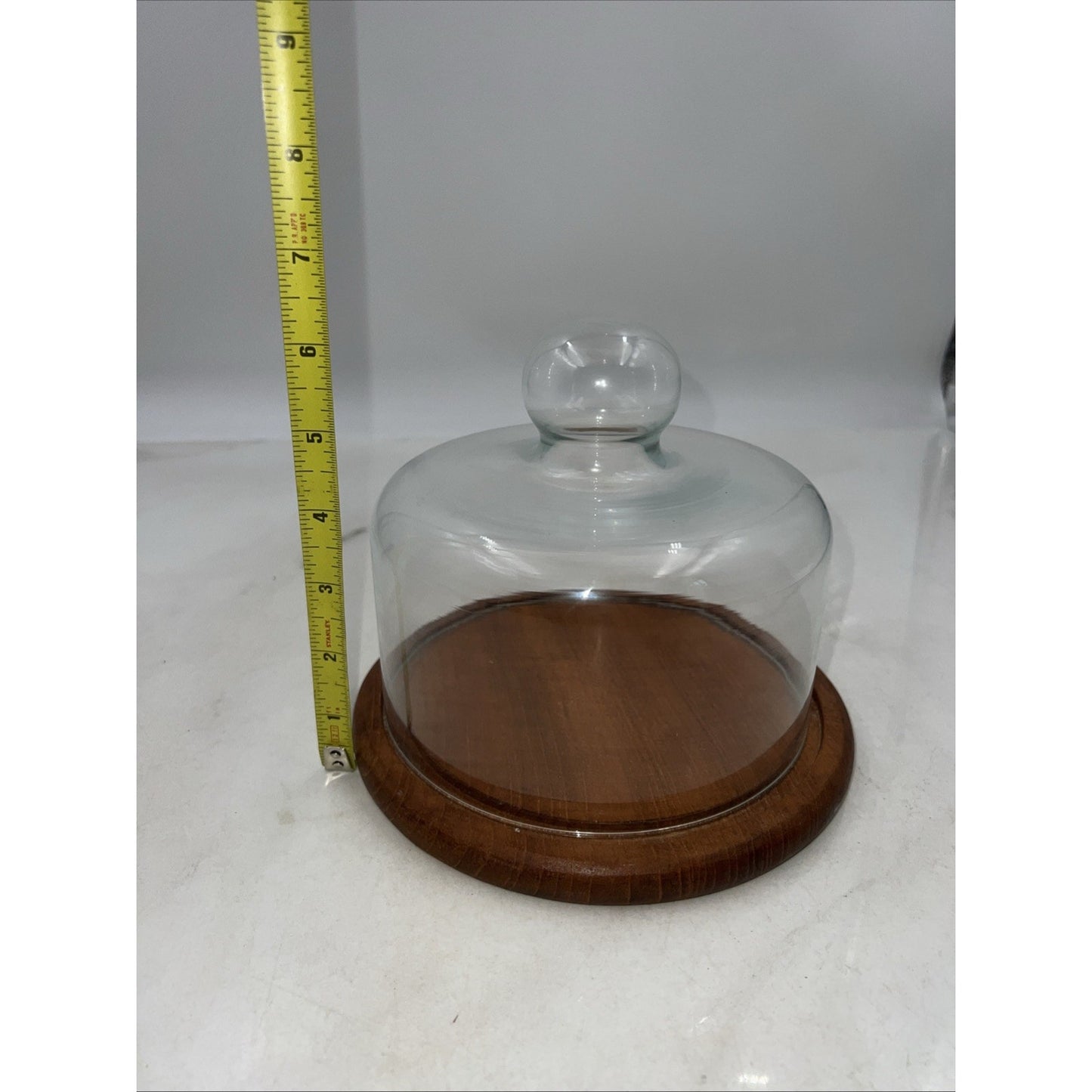 VTG Dolphin Teakwood Cheese Tray Dome Cloche Covered Glass Serving Dish
