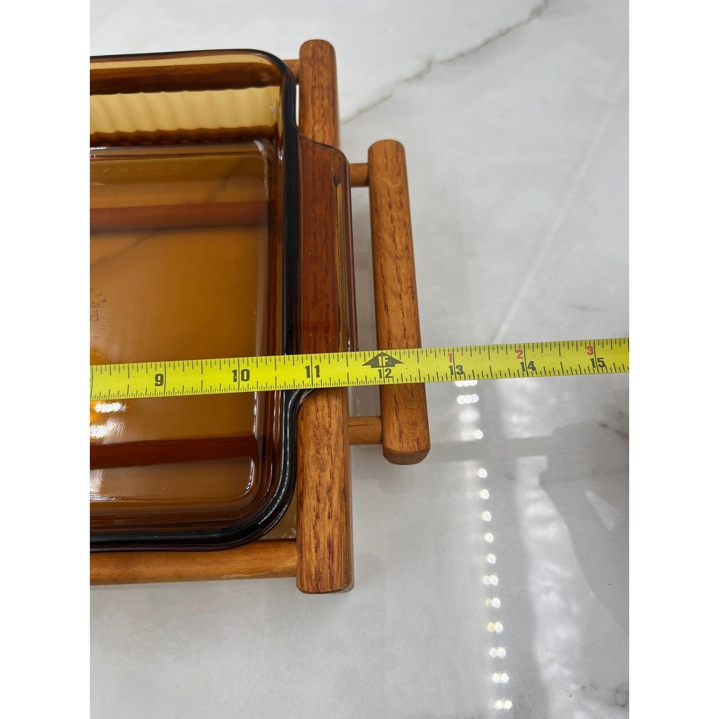 VTG Fire King Amber Glass Baking Dish Wood Cradle Anchor Hocking MCM