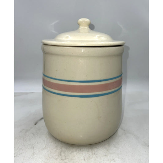 VTG McCoy Pottery Cannister w/ Lid Large Cookie Jar USA Blue and Pink Band 10"