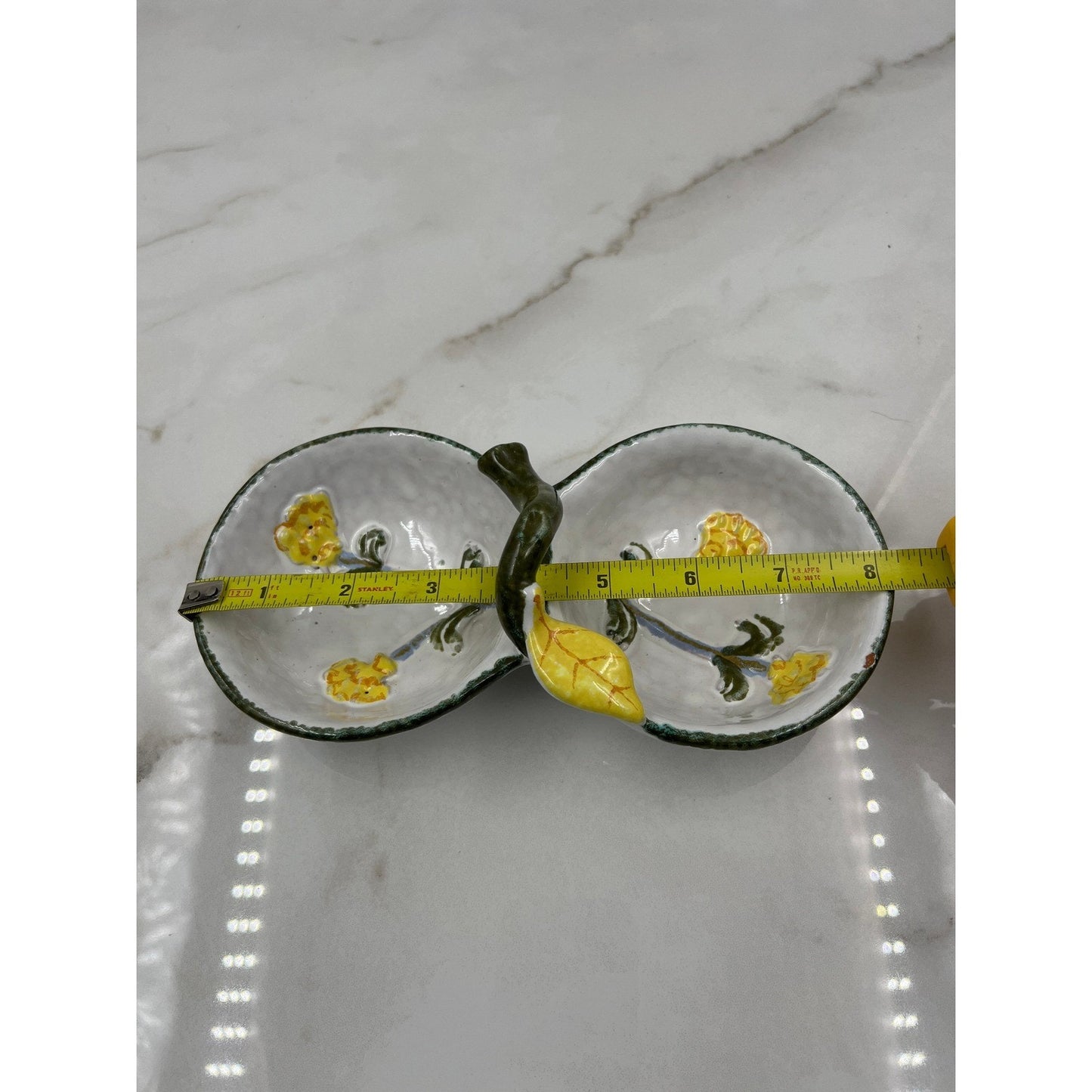 VTG Ceramic Divided Dish Italy Hand Painted Yellow Flowers Green Handle