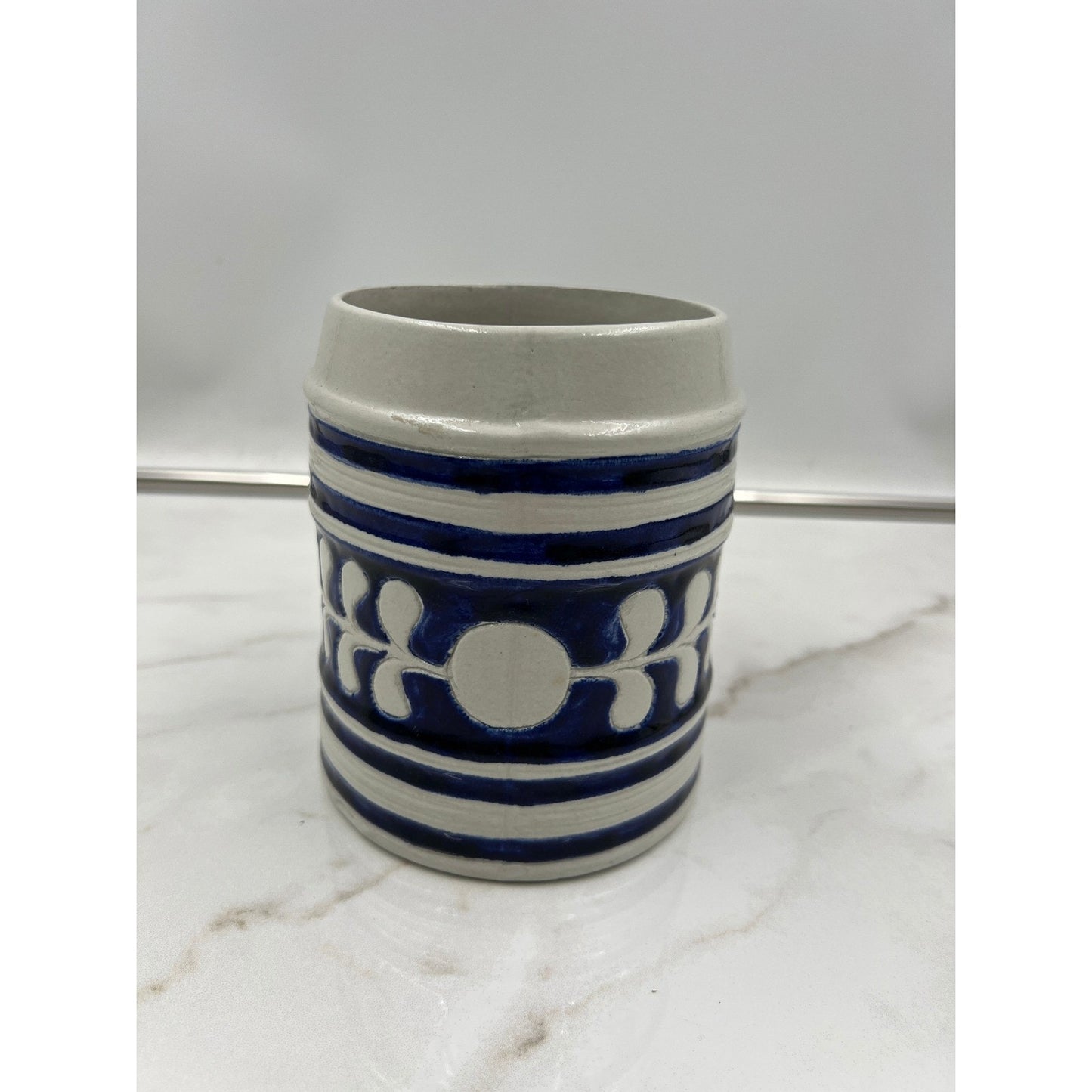 Vintage Salt Glazed Stoneware Beer Stein Cobalt Blue Leaf Pattern Souvenir Mug