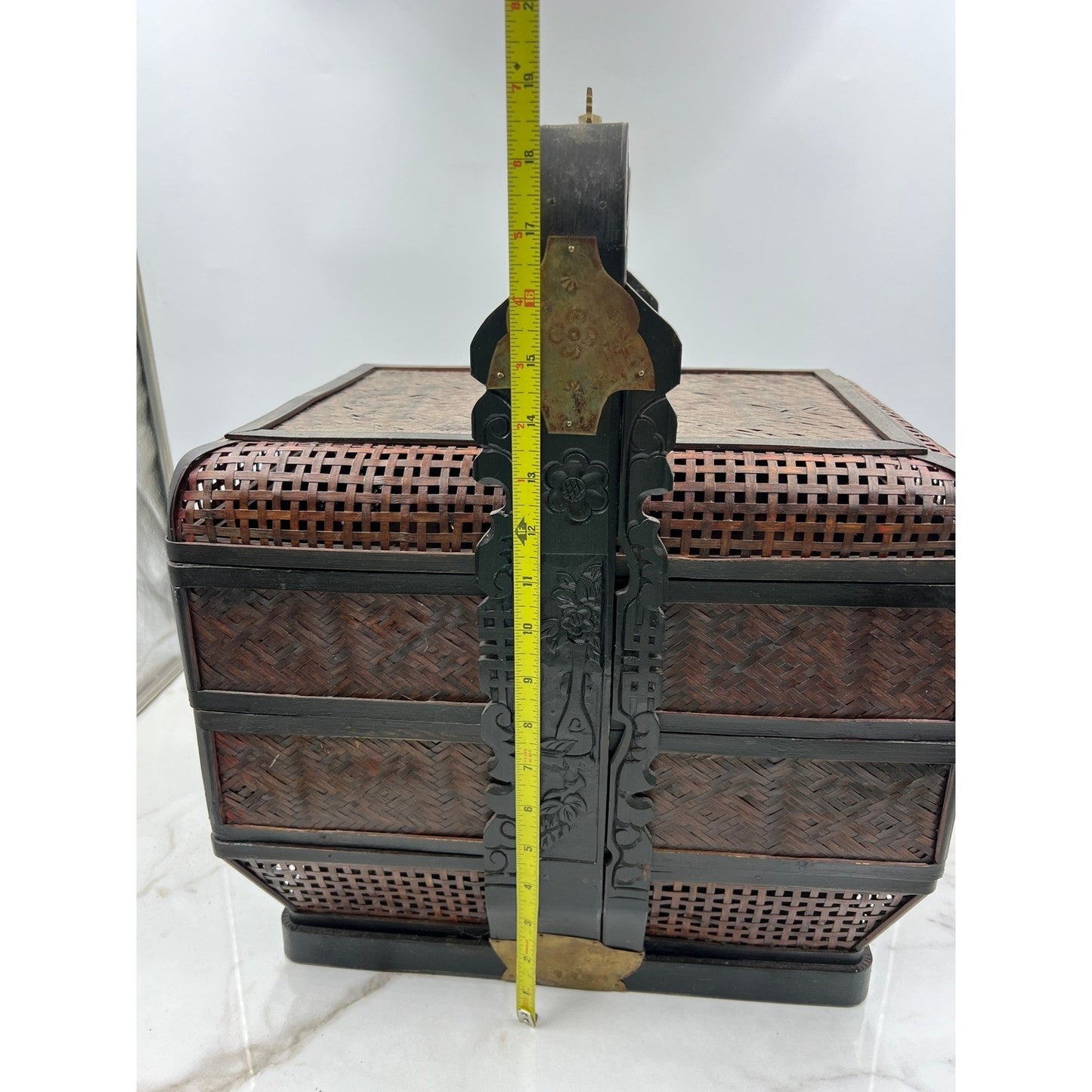 Vintage 3 Tier Chinese Wedding Basket Rattan Bamboo Design w/ Brass Deco