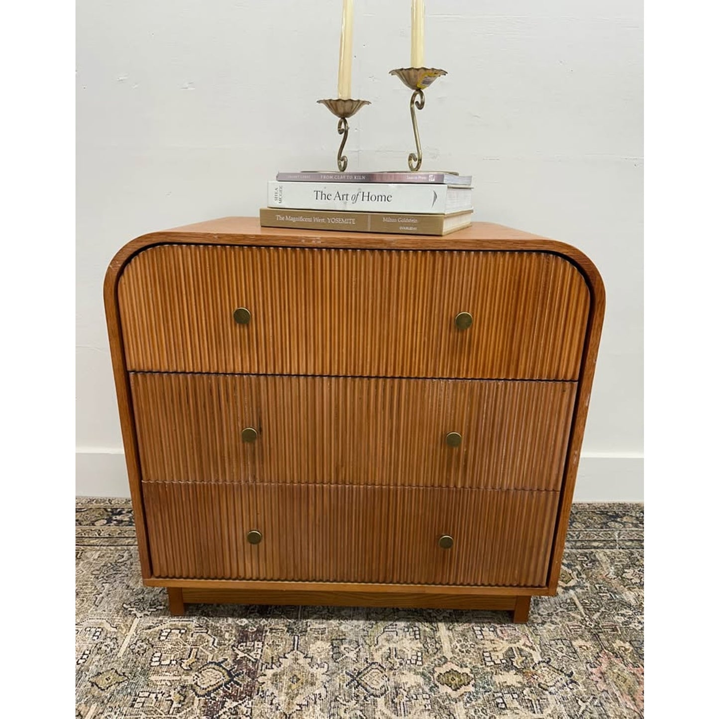 Yanick 3-Drawer Nightstand-OAK Wood Ribbed Fluted Arched Brass 27"Tall