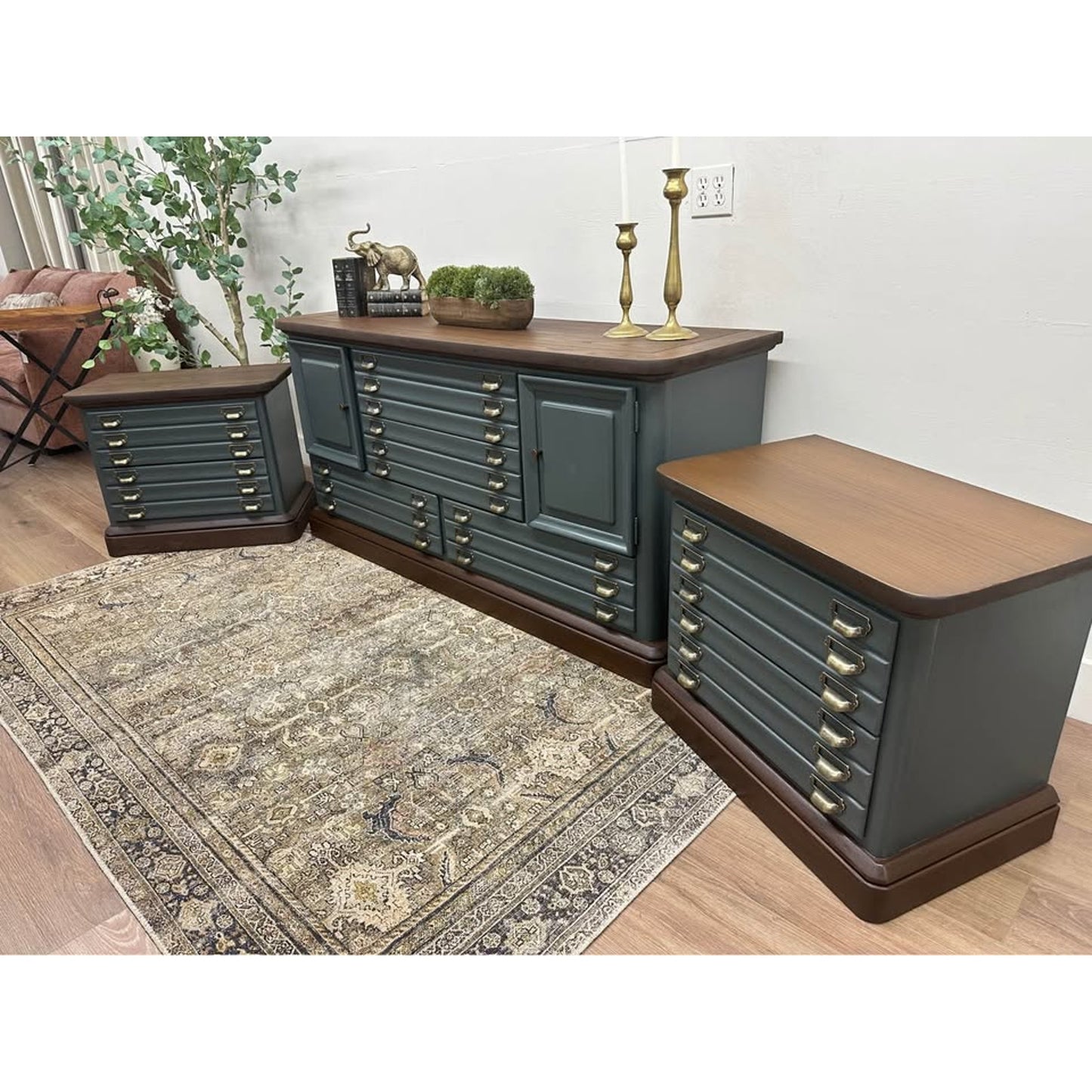 VTG Stanley Dresser Set Dresser Nightstands Dark Green Brass Apothecary Style Wood Stained Top