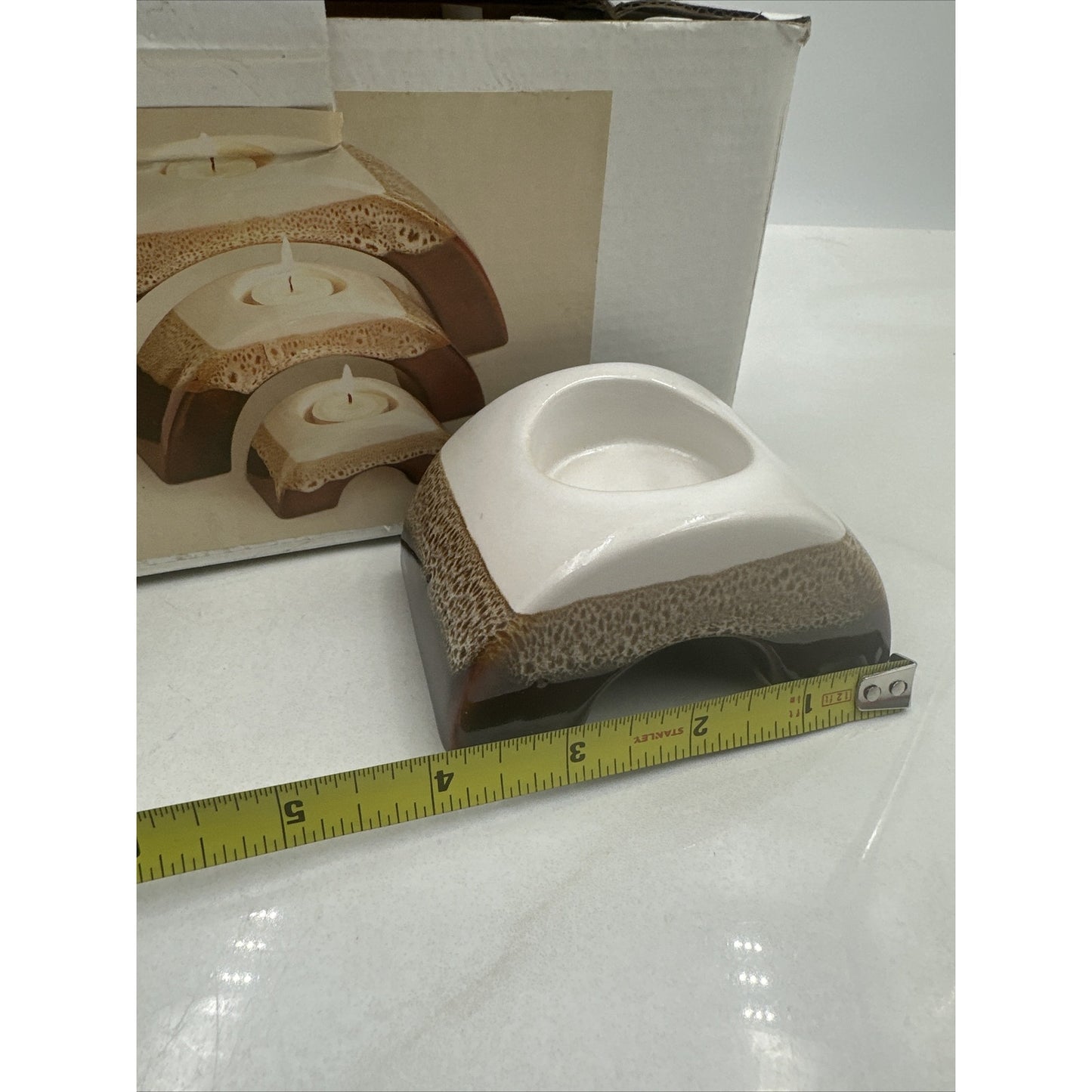 VTG Arched Candle Holders Nesting Ceramic Tealight Brown Drip Boho Set of 3