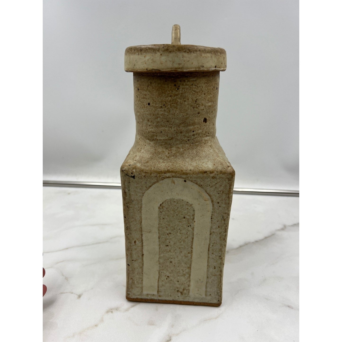 VTG Studio Pottery Lidded Canister Square Stoneware Jar Beige Cream Brutalist