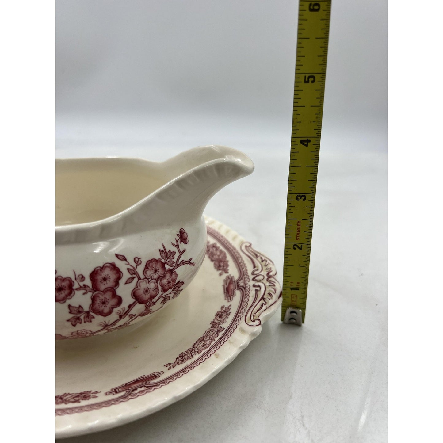 Vintage Mason's Manchu Ironstone Gravy Boat Saucer Red Floral England 9" Ceramic
