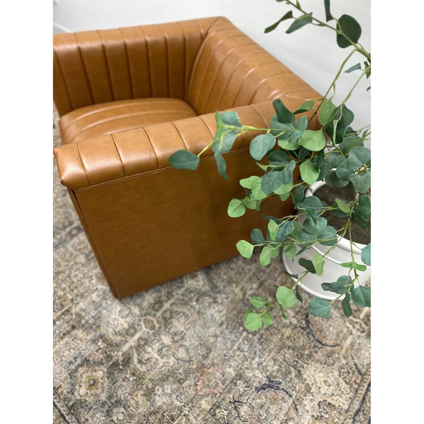 Esteban Swivel Chair-CAMEL Color Vegan Leather Channel Tufting Swivel Armchair Aviator New Karat