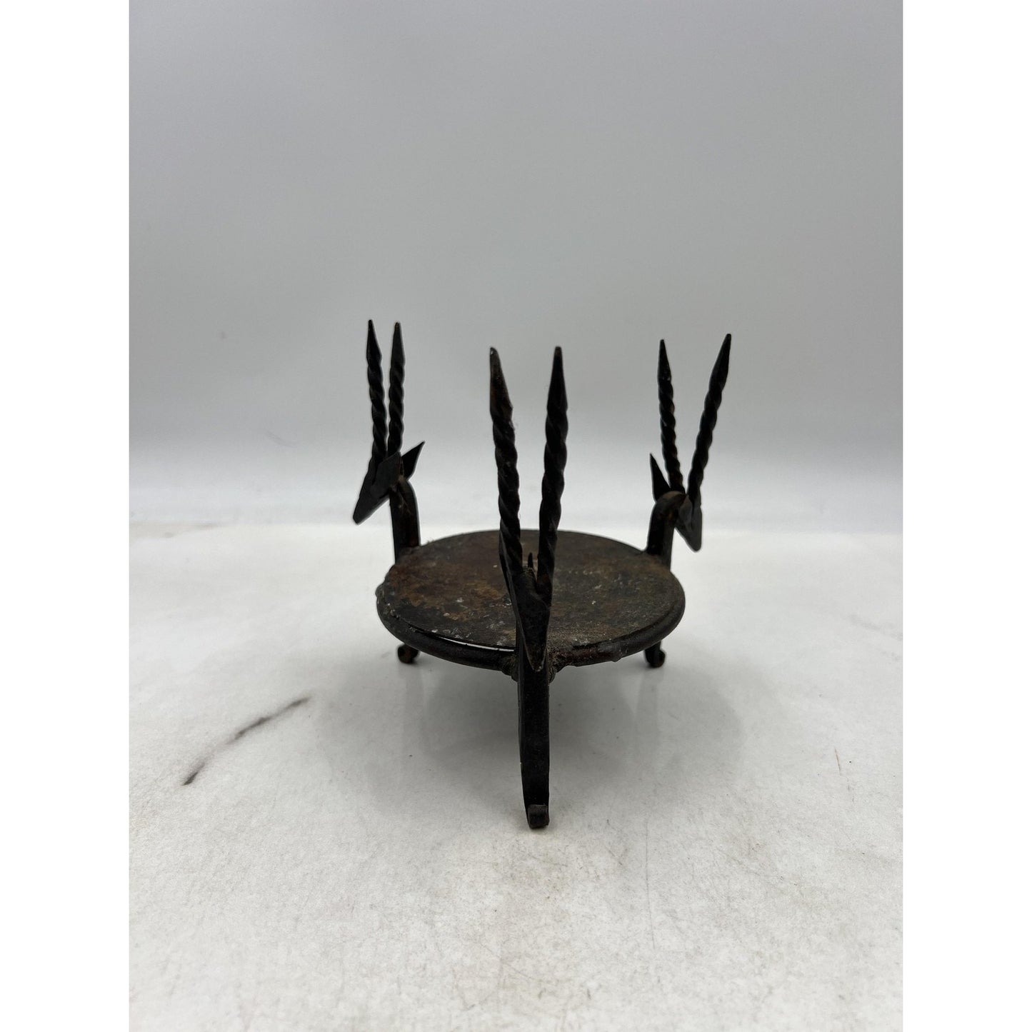 Hand Forged Wrought Iron Antelope Gazelle Heads Tripod Candle Holder Spike