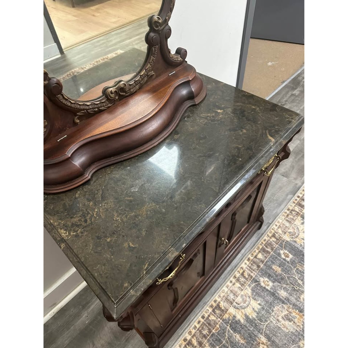 Antique Victorian Mahogany Entry Table Dresser Side Table Cabinet Mirror Marble Top