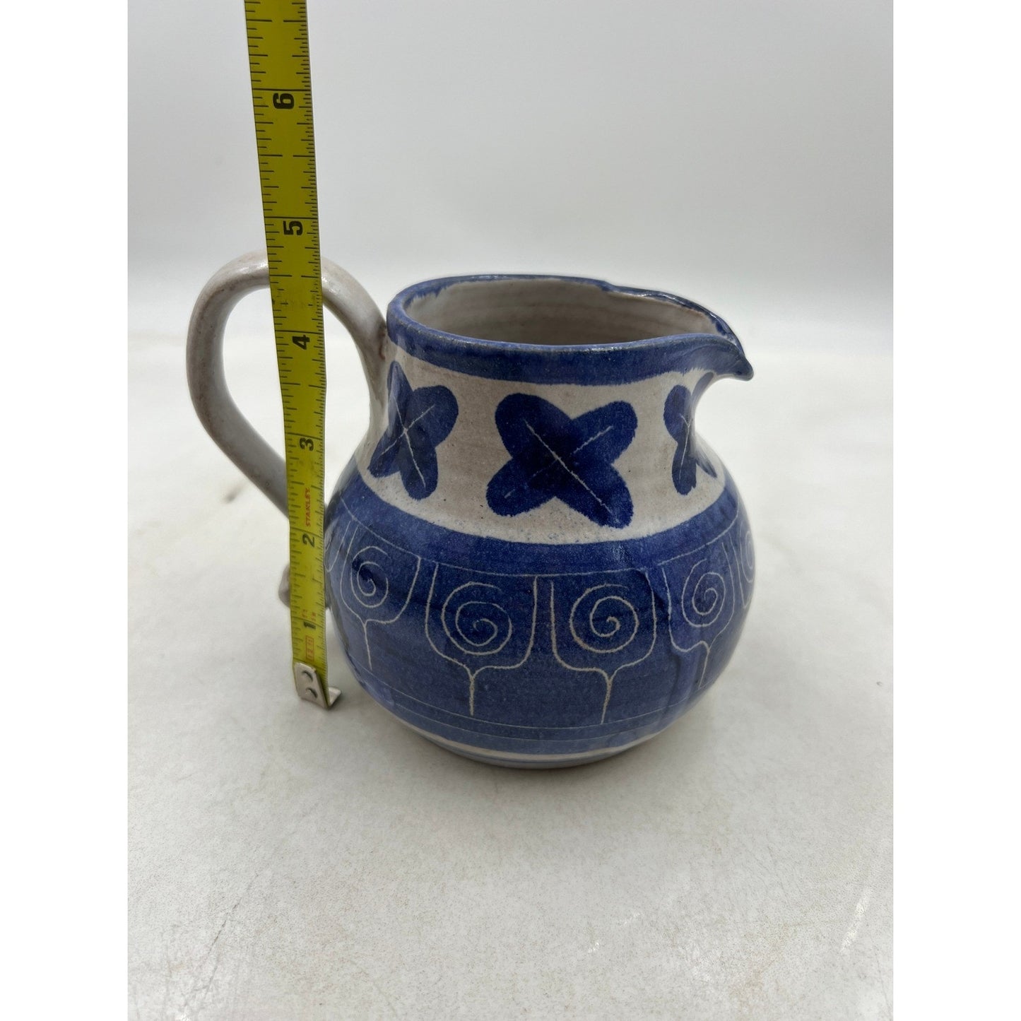 Blue White Ceramic Pitcher Creamer Small Decorative Hand Painted Swirl Floral