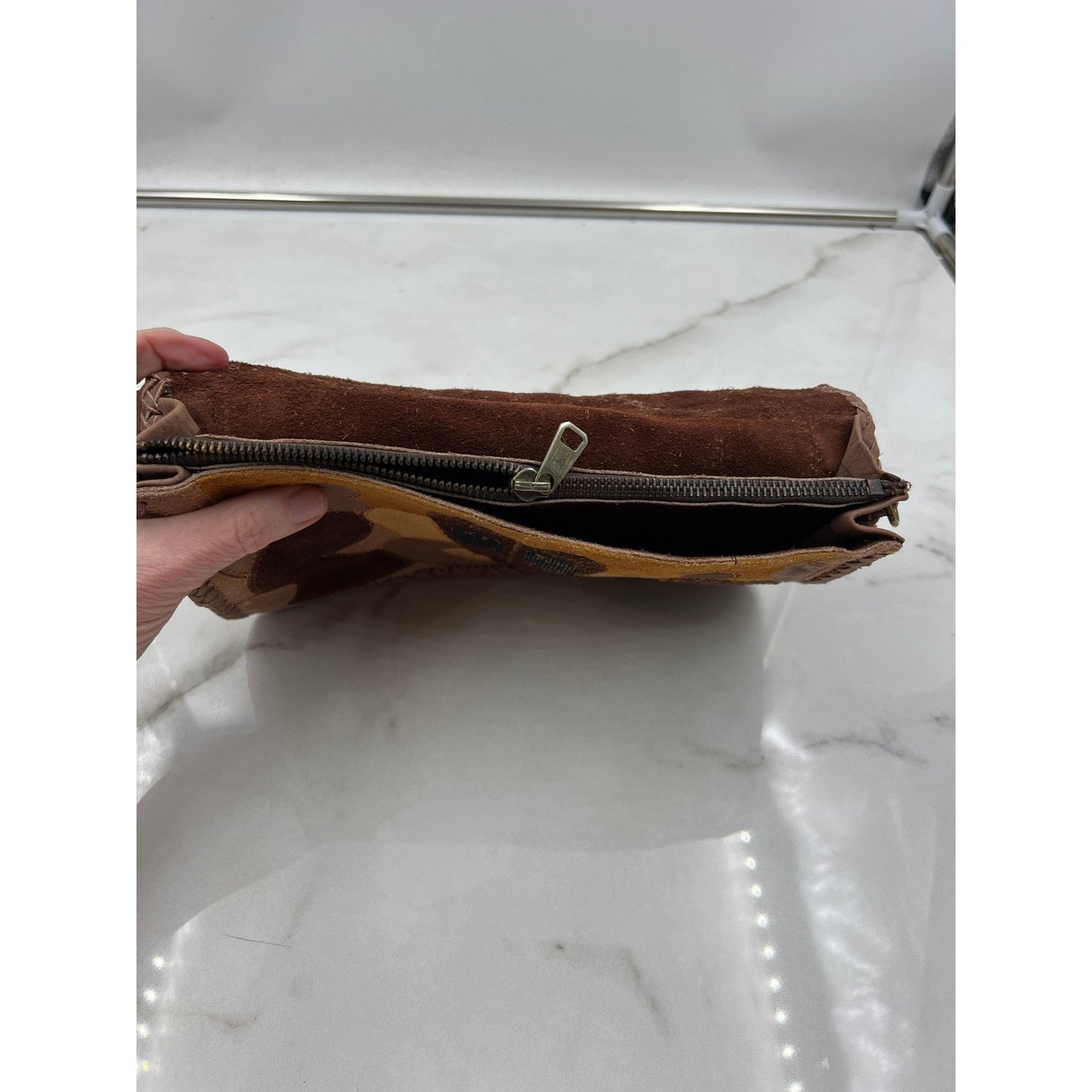 Vintage Patchwork Suede Leather Heart Boho Clutch Bag Brown Tan Braided Trim