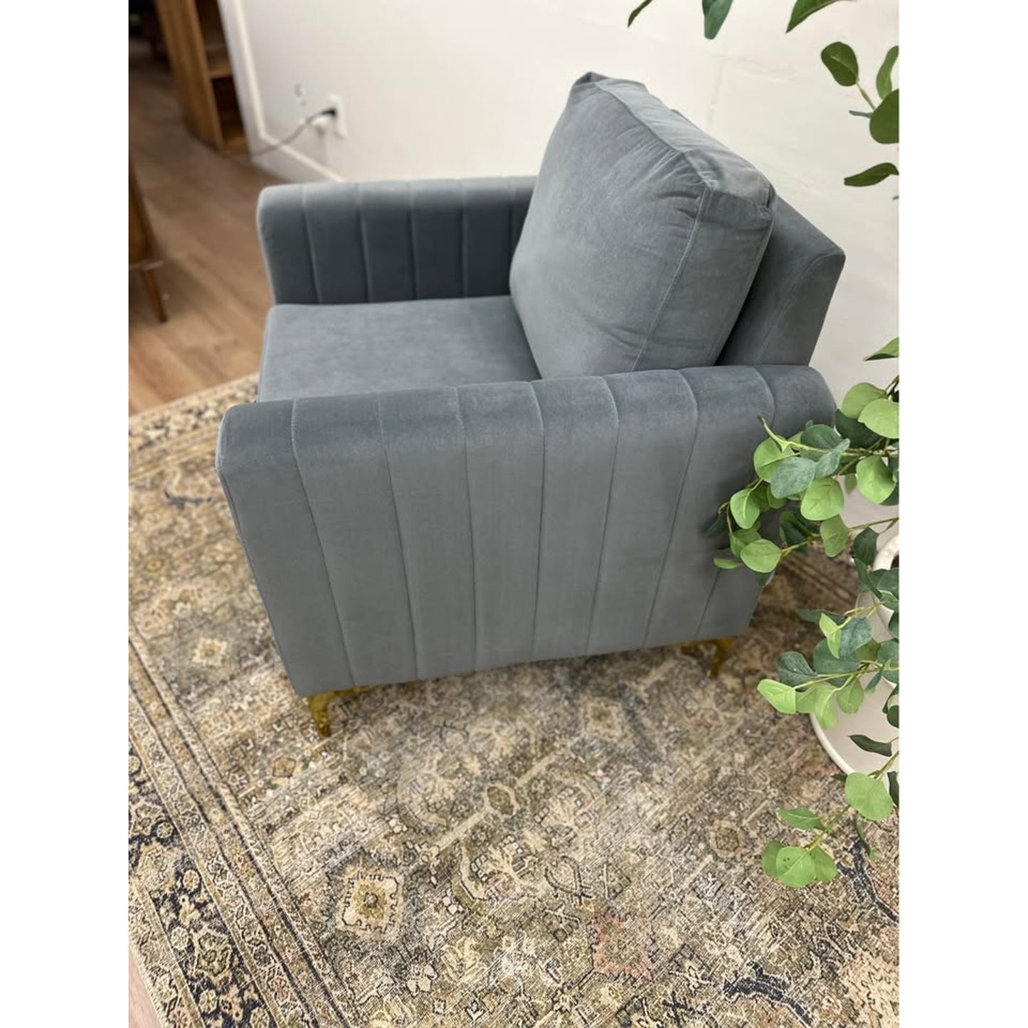 Jupiter Club Chair-GREY Armchair Gold Legs  Velvet Upholstered Channel Tufting Boxy New Karat Home