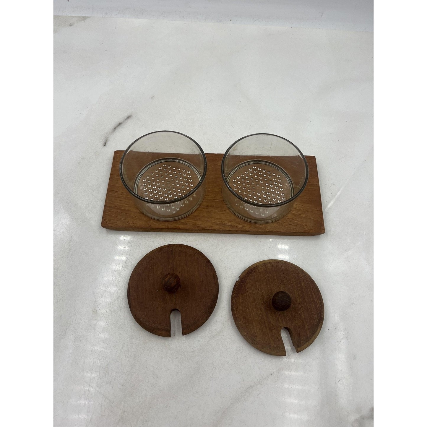 Luthje Wood Teak Glass Double Condiment Jar Set w/ Tray Danish Modern MCM