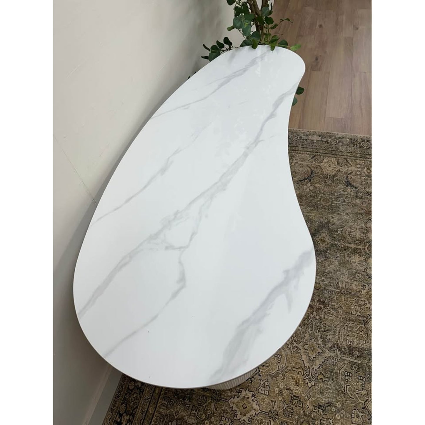 White Free Form Stone Desk Vanity Table Manufactured Wood+Leather Groove Interiors 3 Drawers