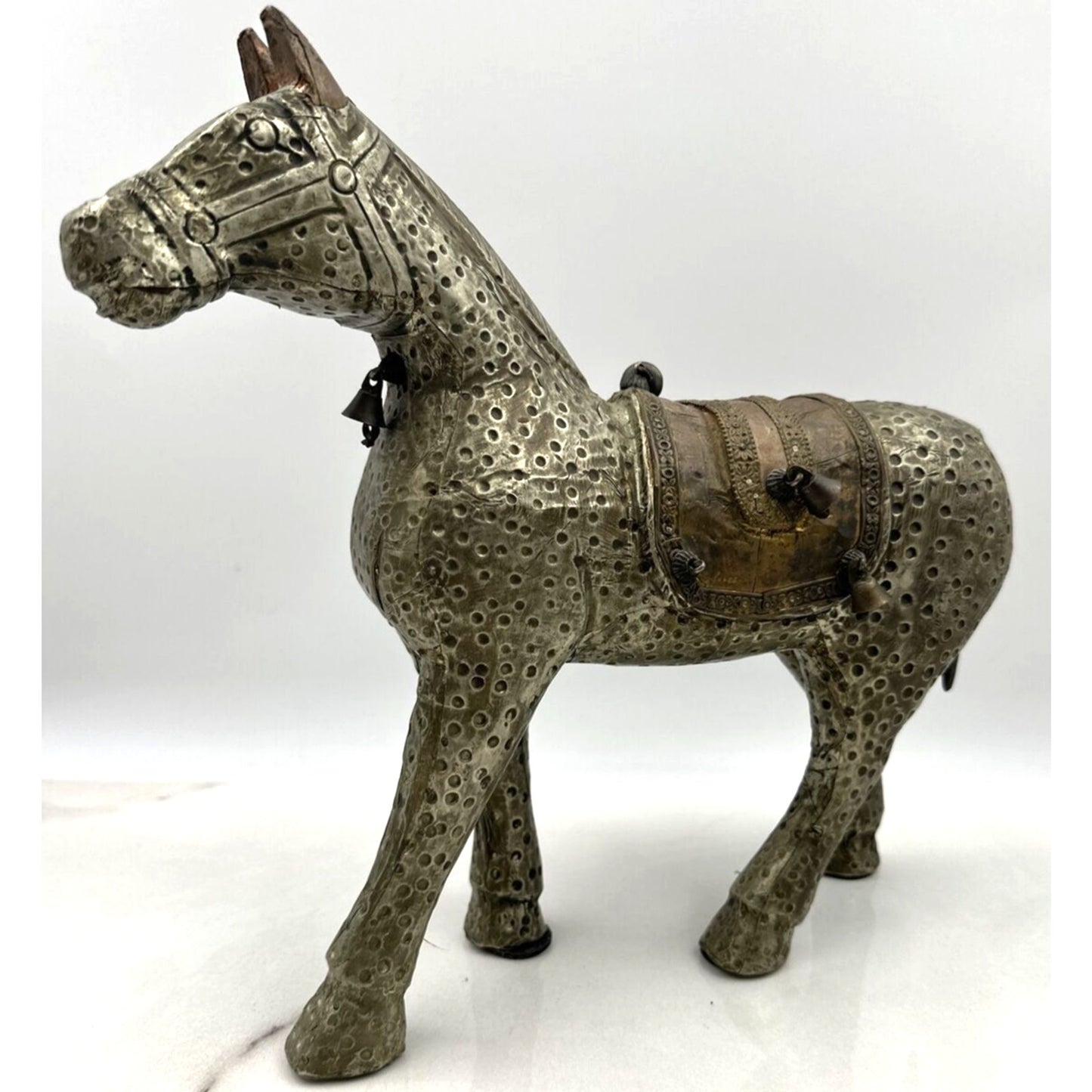 Antique Wood Horse Figurine Metal Copper Wrapped Carved Statuette