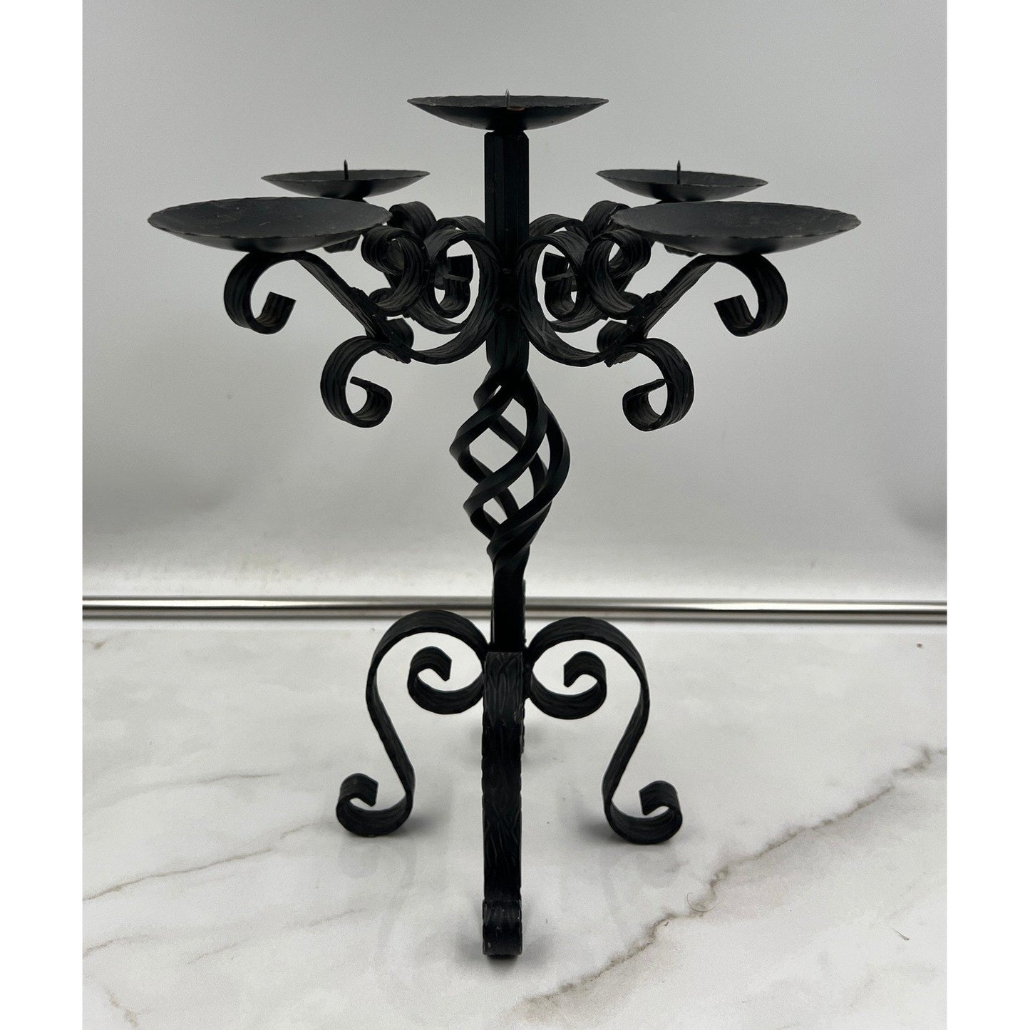 Vintage Wrought Iron 5 Light Candelabra Black Scroll Gothic Candle Holder 12in