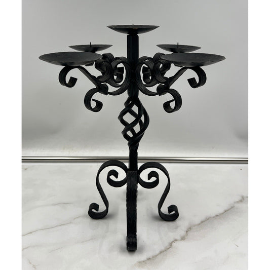 Vintage Wrought Iron 5 Light Candelabra Black Scroll Gothic Candle Holder 12in