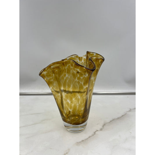 Jane Seymour Hand-Made Poland Amber Tortoise Art Glass Ruffled Handkerchief Vase