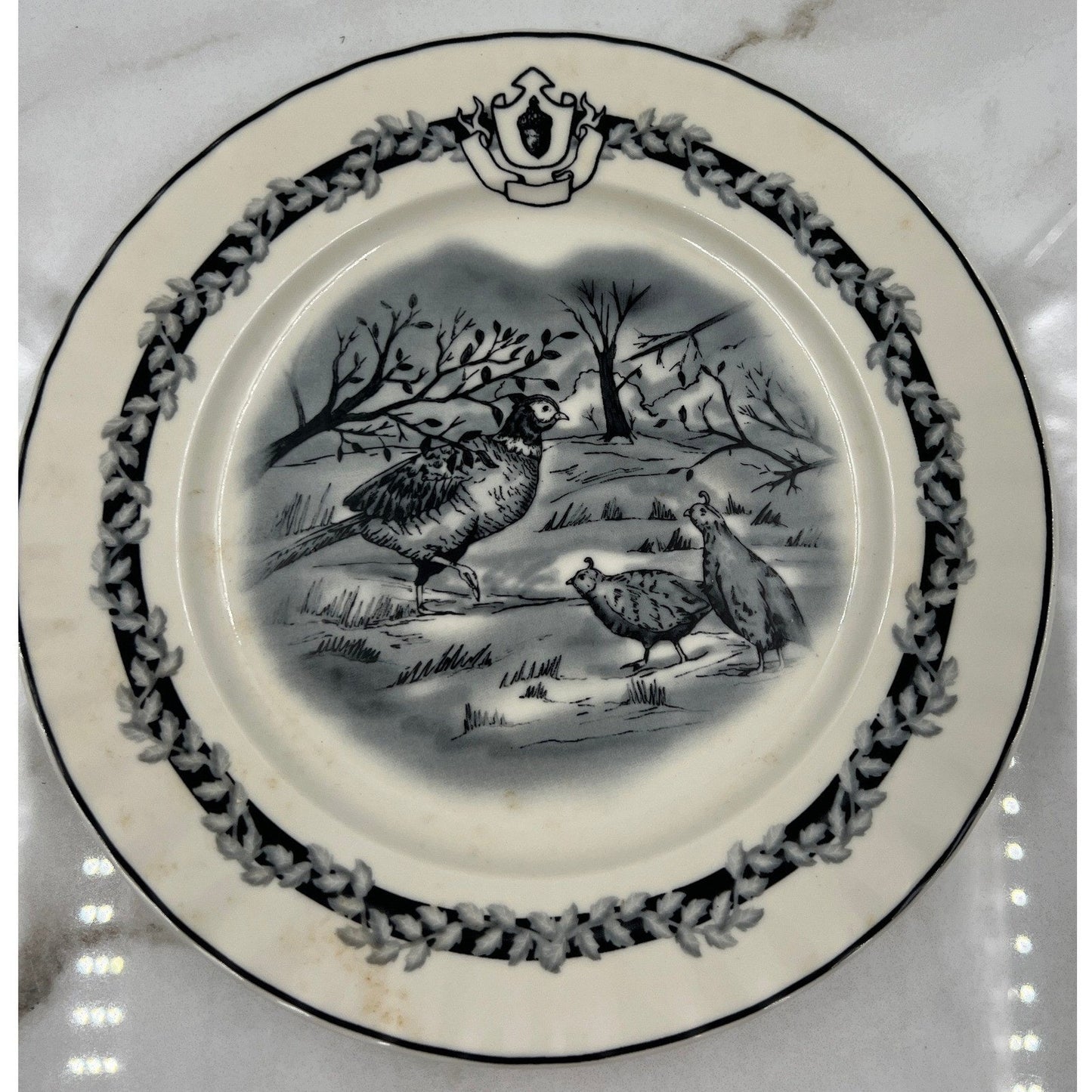 Mary Carol Home Collection Pheasant Quail Plate Black White Scalloped 8"