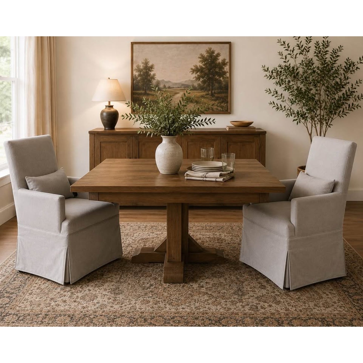 Gray Slipcovered Arm Chairs Dining Chairs Kitchen Chair Caster Wheels w/Pillows