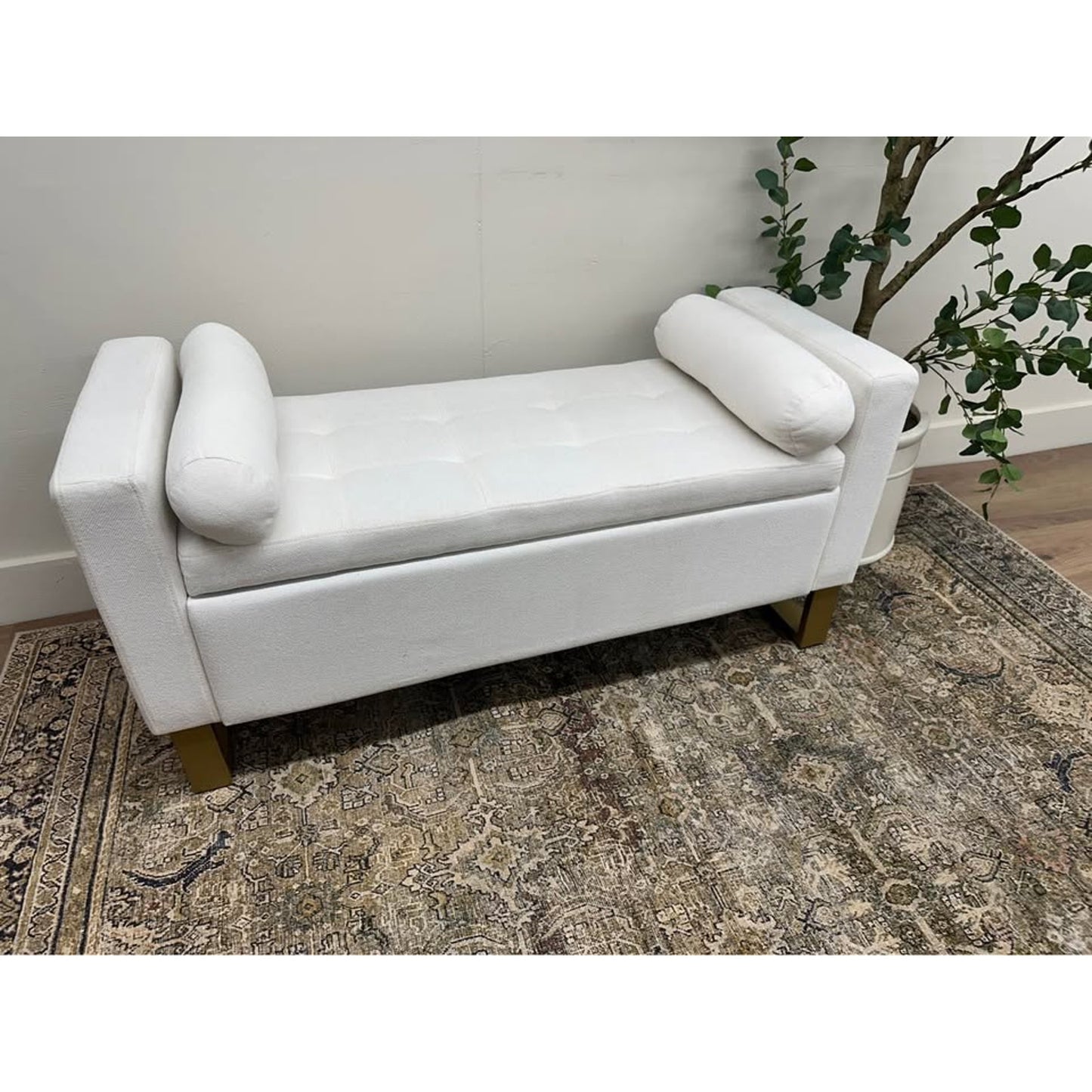 Angel 50.4" Wide Storage Bench-IVORY Gold Base Storage Bench with Bolster Pillows, Upholstered