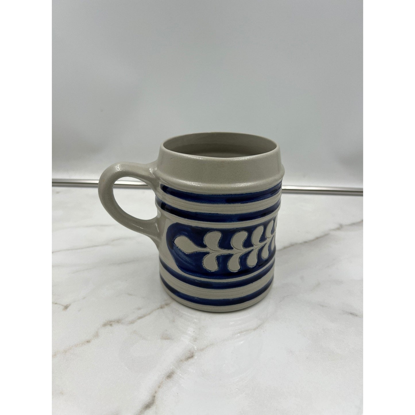 Vintage Salt Glaze Stoneware Beer Stein Cobalt Blue Leaf Pattern Ceramic Mug 5in