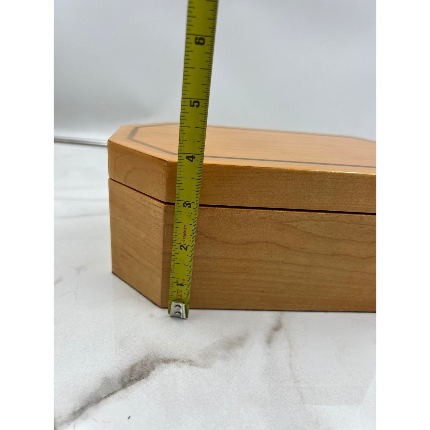Vintage Octagon Wood Jewelry Box Inlay Detail and Removable Tray Brown Velvet