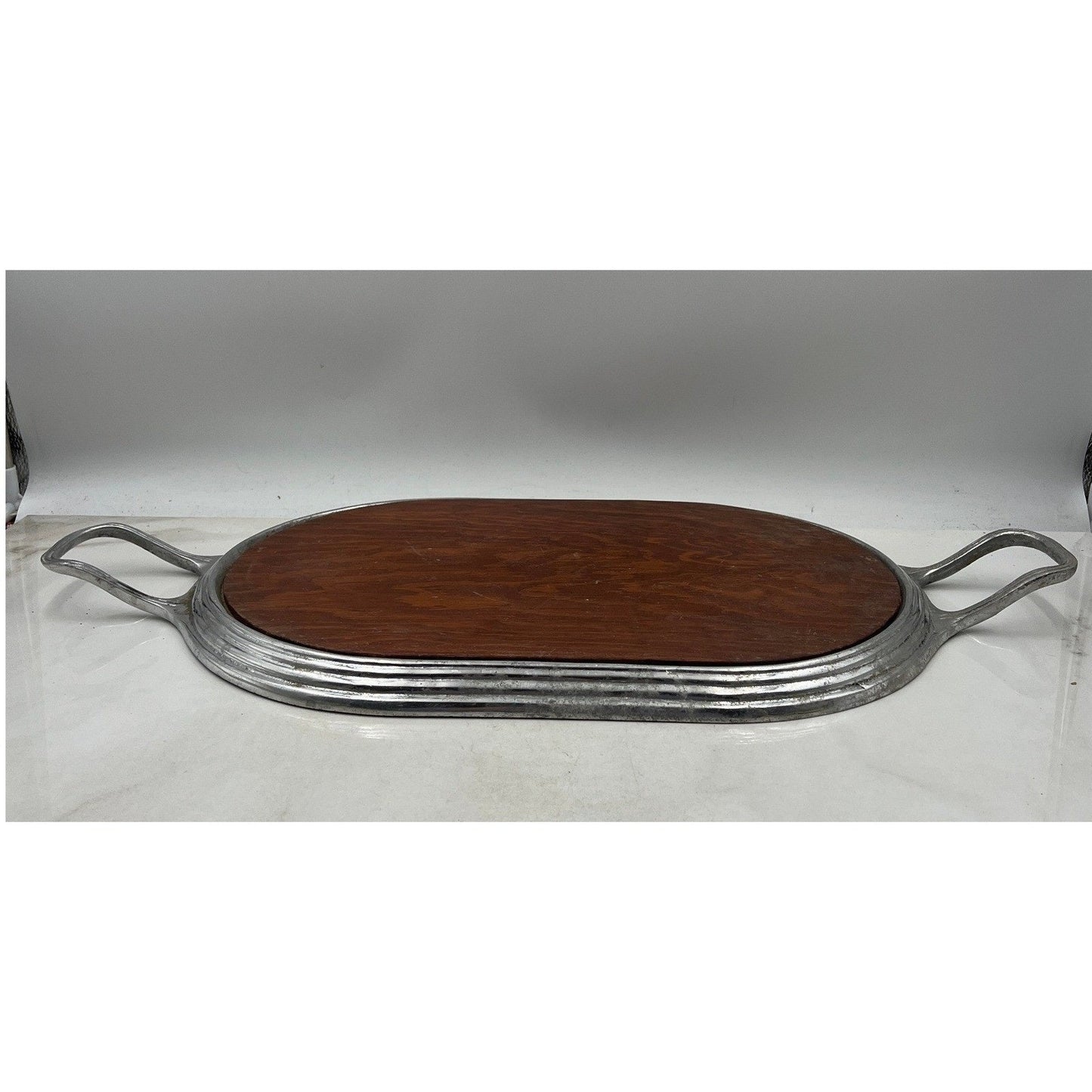 Vintage Wood Serving Tray Aluminum Handles Oval Platter Entertain