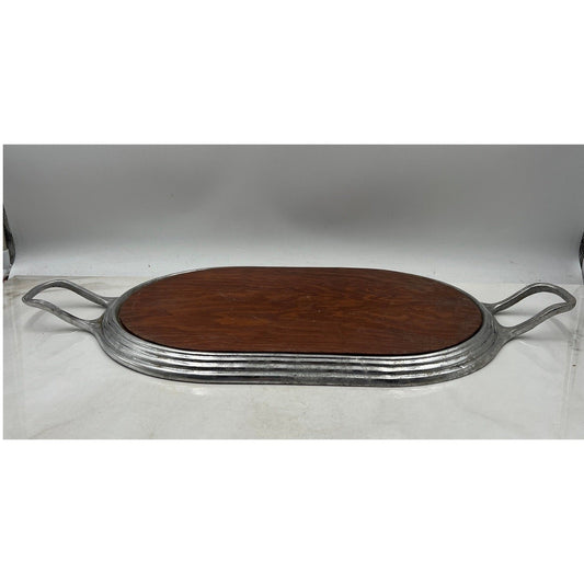 Vintage Wood Serving Tray Aluminum Handles Oval Platter Entertain