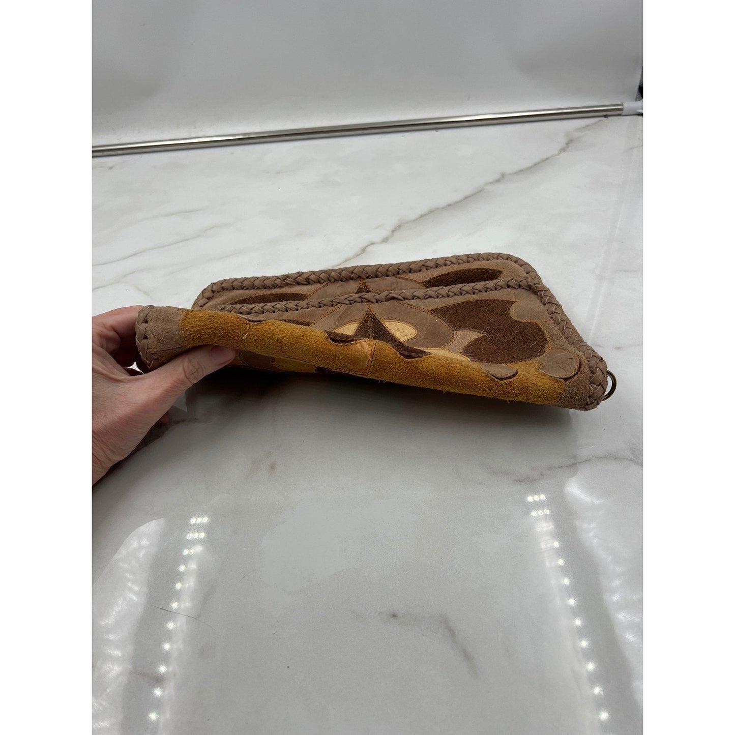 Vintage Patchwork Suede Leather Heart Boho Clutch Bag Brown Tan Braided Trim