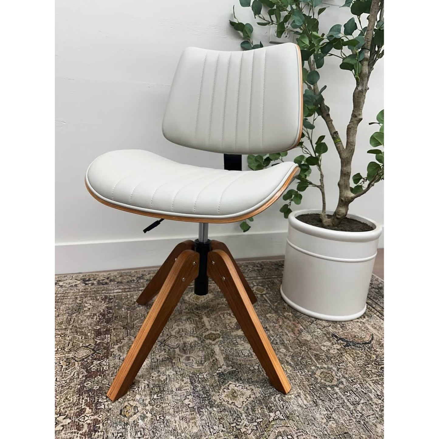 Will Office Chair Wood Base MCM Style Ivory Leather Upholstered Seat