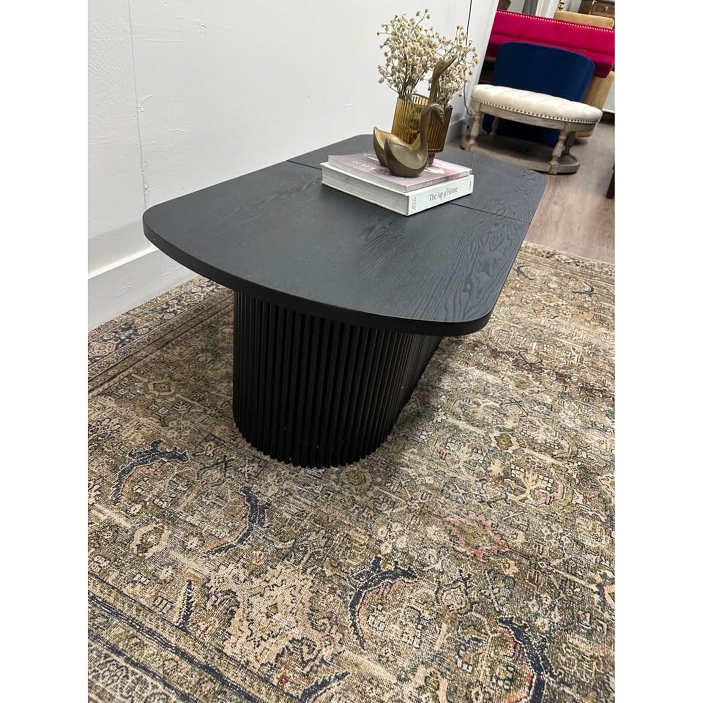 Elias Oval Coffee Table-BLACK Flip Top Storage Wooden Fluted Base
