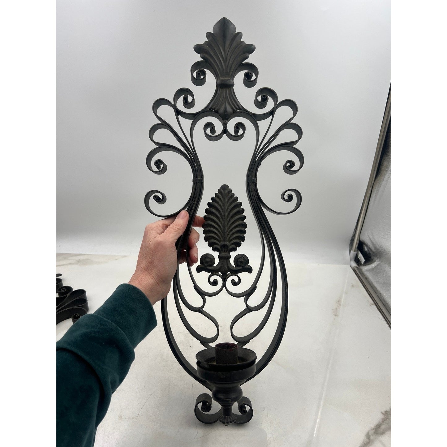 VTG Black Metal Ornate Wall Sconces Candle Holders Fleur De Lis Scrollwork Set 2
