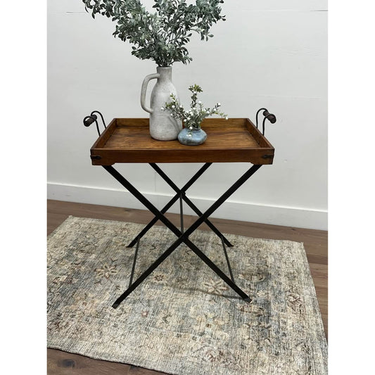 VTG  Rustic Wood Black Iron Folding Tray Table Butlers Tray TV Tray