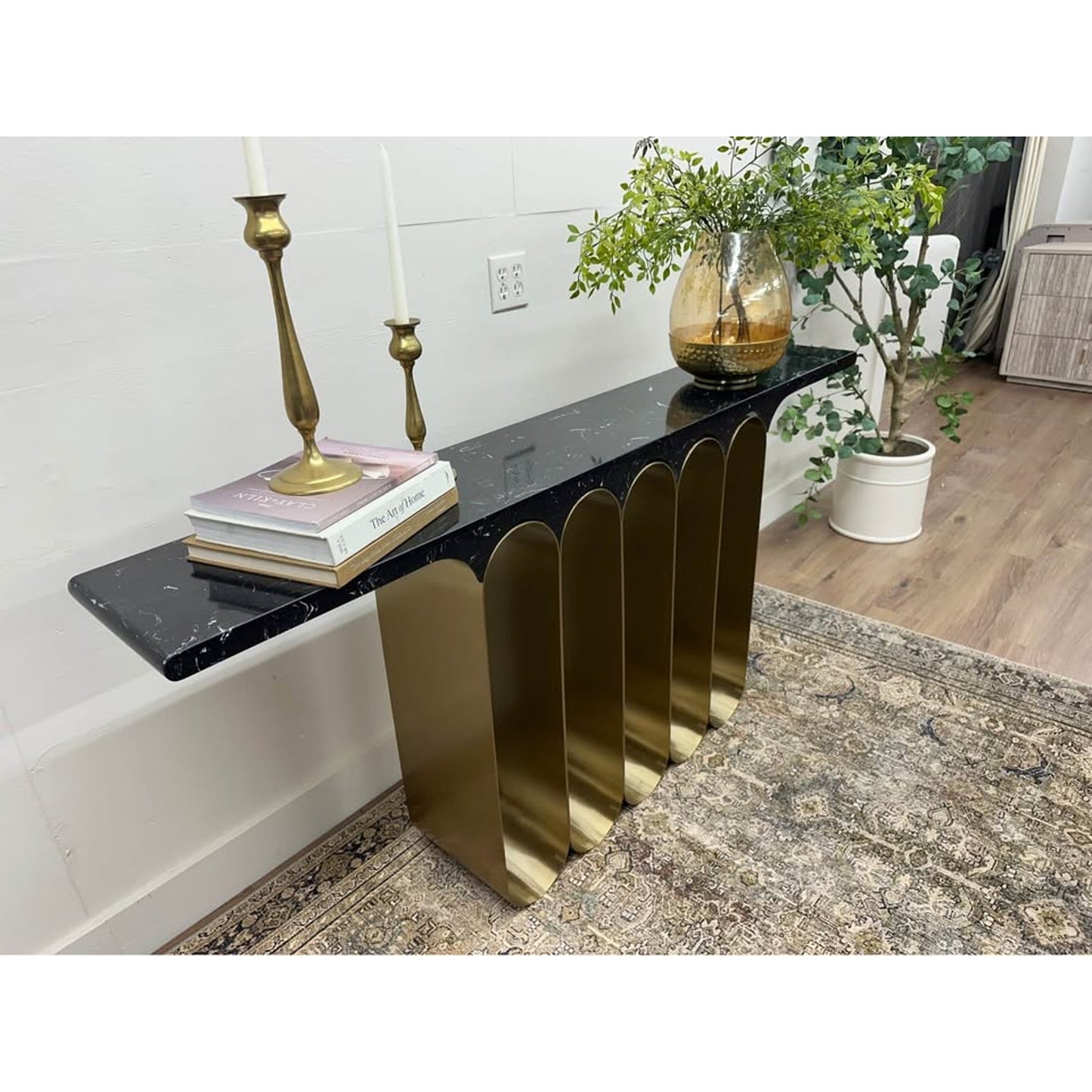 Curley Entry Table Console By Everly Quinn Black Marble Top Heavy Gold Base