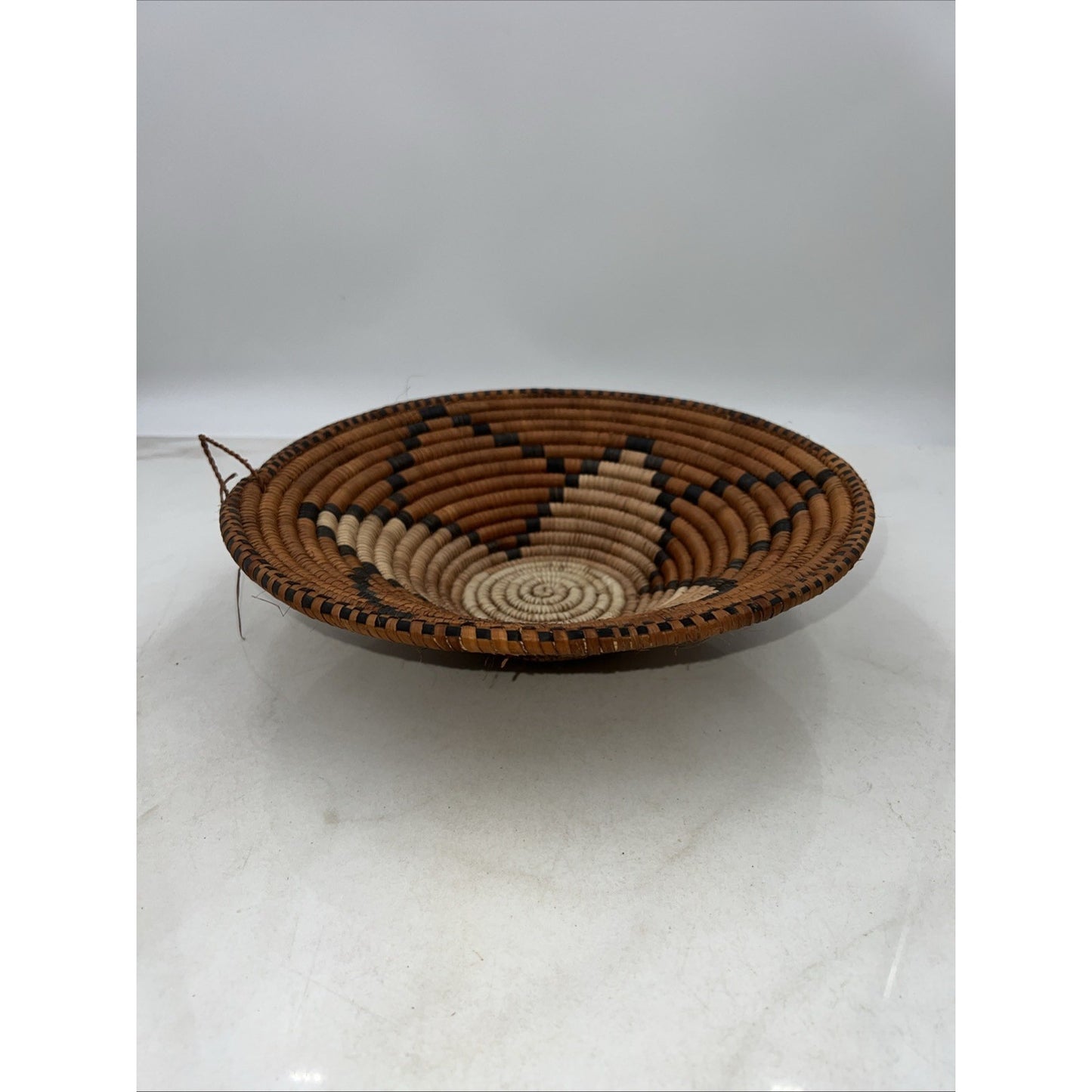 Vintage Coiled Hopi Indian Basket Tray Geometric Pattern Brown Tan Handles 12"