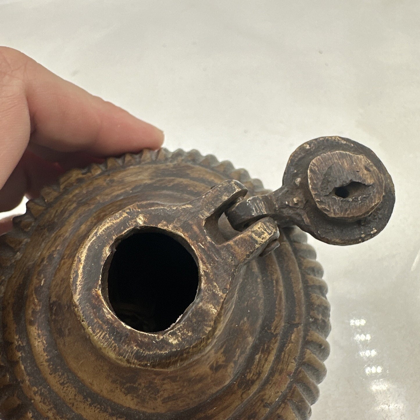 Antique Ink Well Indian Cast Bronze Mughal Footed w/ Peacock Lid & Fluted Sides