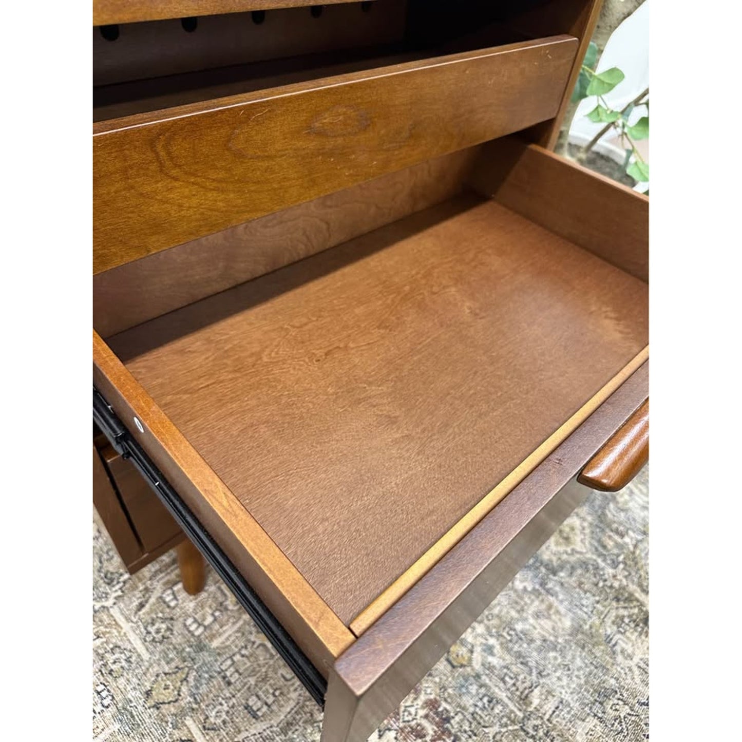 Florrie 3 Drawer Nightstand Walnut Finish Wood MCM Style Built in Outlet