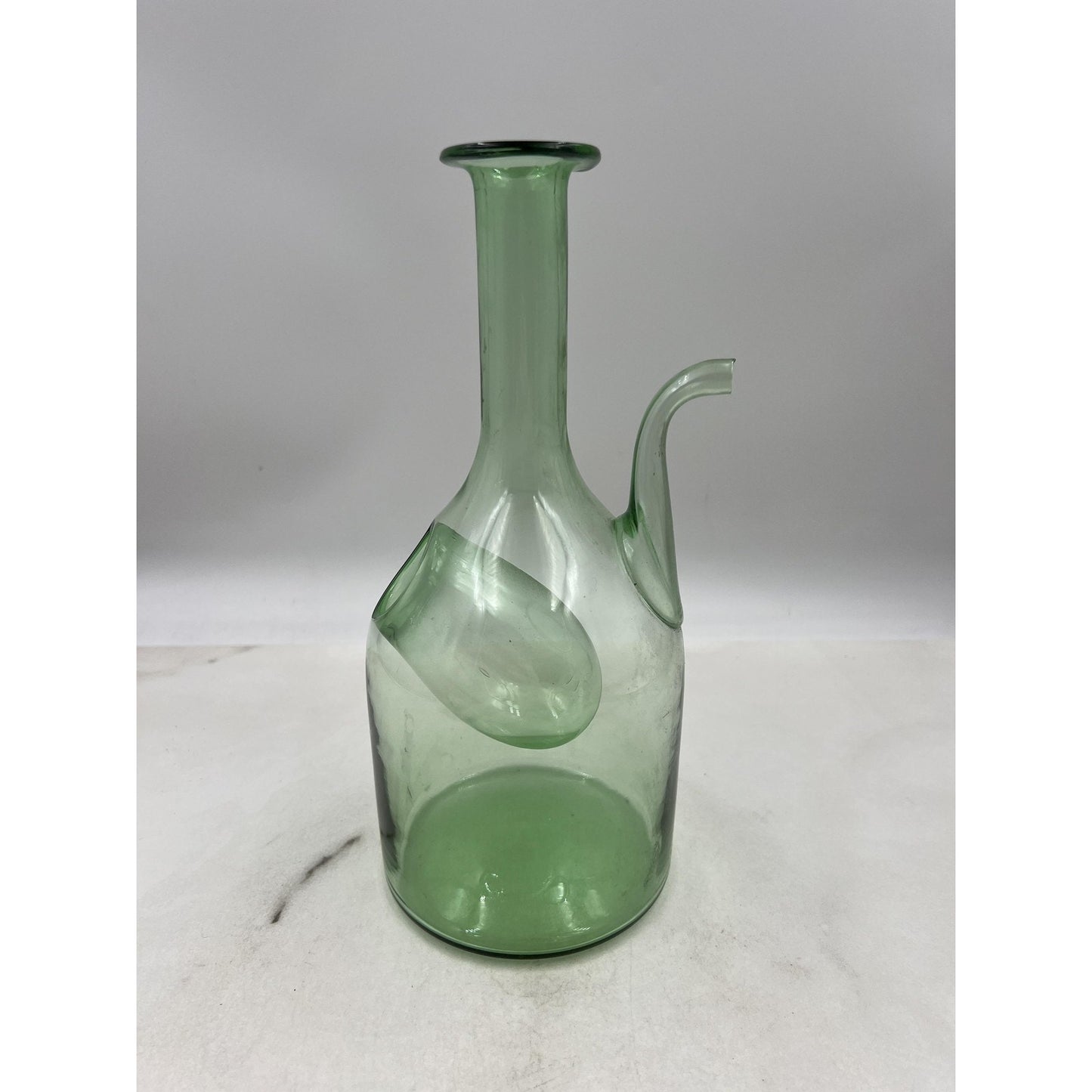Vintage Green Glass Double Spouted Porron Wine Pitcher 10" Hand Blown Art Spain