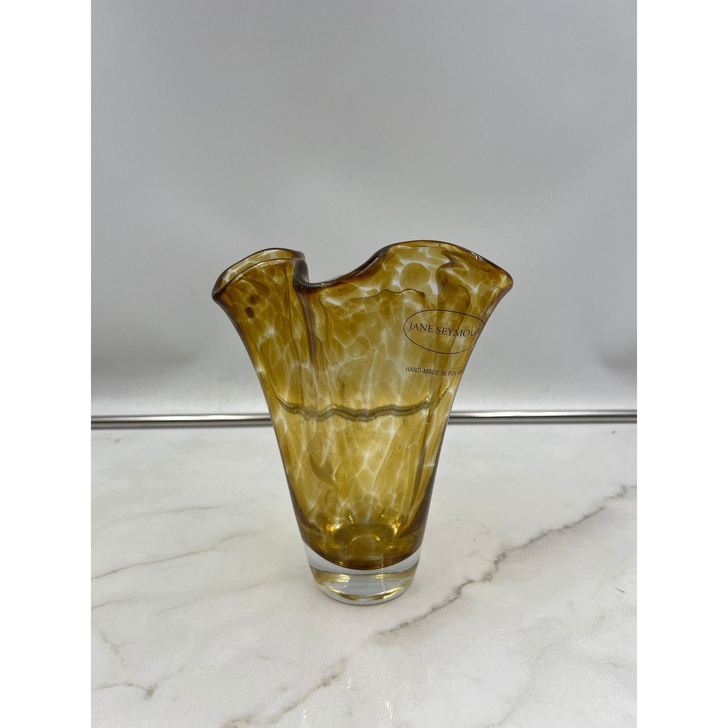 Jane Seymour Hand-Made Poland Amber Tortoise Art Glass Ruffled Handkerchief Vase